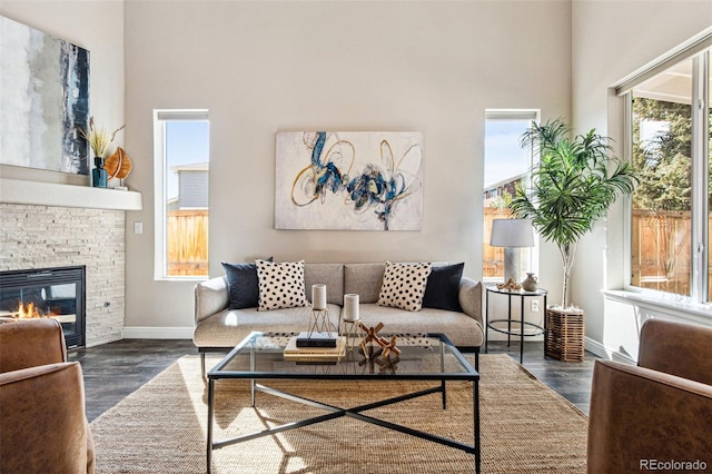 living room with baseboards, wood finished floors, and a fireplace