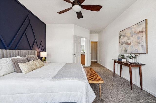 bedroom featuring carpet flooring, baseboards, and ceiling fan