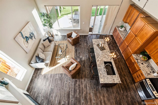 living room featuring baseboards, wood finished floors, and a fireplace