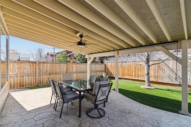 view of patio / terrace with ceiling fan, outdoor dining area, and a fenced backyard