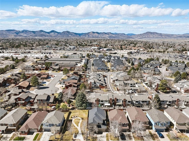 bird's eye view featuring a residential view and a mountain view