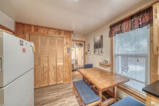 dining space featuring wooden walls and wood-type flooring