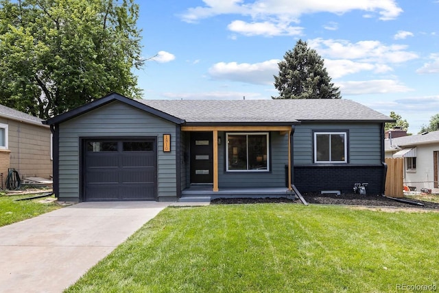 1310 E Amherst Ave, Englewood, CO 80113 - view of front of property featuring a front yard, an attached garage, a porch, concrete driveway, and brick siding