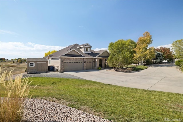 craftsman-style house with a shed and a front yard