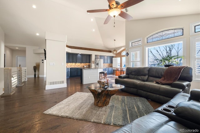 10044 E 146th Pl, Brighton, CO 80602 - living area with ceiling fan, high vaulted ceiling, recessed lighting, visible vents, and dark wood-style floors