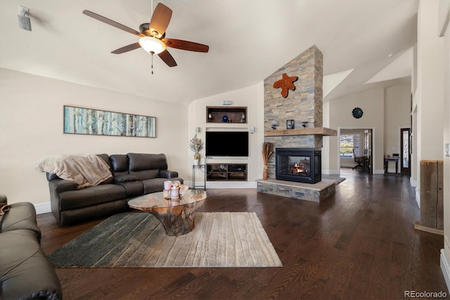 10044 E 146th Pl, Brighton, CO 80602 - living room with a ceiling fan, a fireplace, wood finished floors, baseboards, and high vaulted ceiling