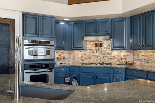 10044 E 146th Pl, Brighton, CO 80602 - kitchen with stainless steel appliances, blue cabinetry, a sink, and tasteful backsplash