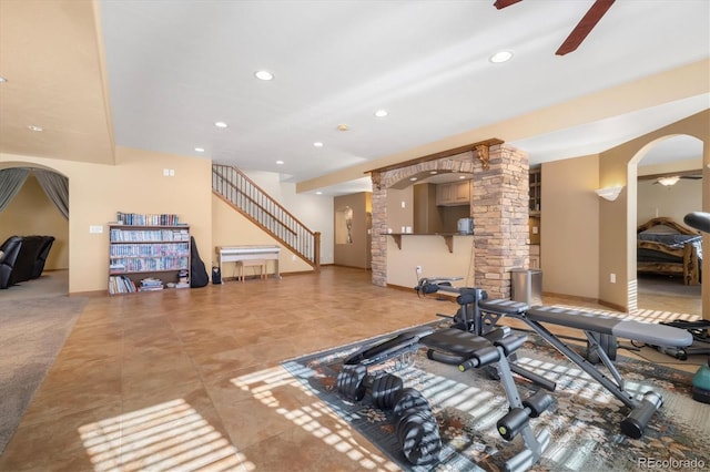10044 E 146th Pl, Brighton, CO 80602 - workout room featuring recessed lighting, arched walkways, a ceiling fan, and ornate columns