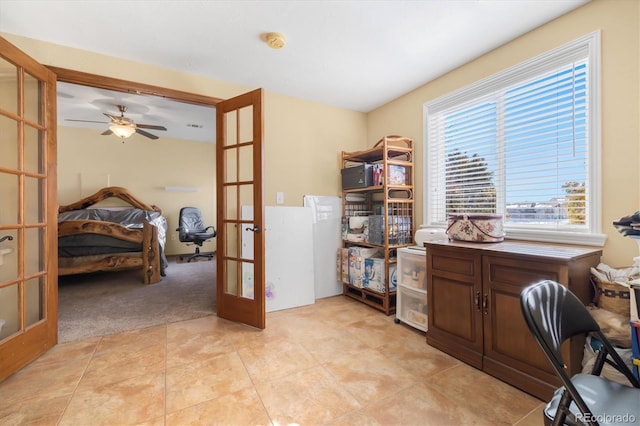 10044 E 146th Pl, Brighton, CO 80602 - office space featuring french doors, a ceiling fan, light tile patterned floors, and light colored carpet