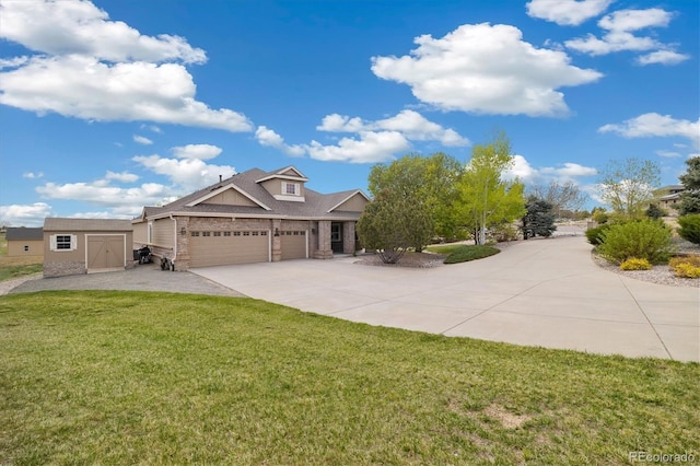 10044 E 146th Pl, Brighton, CO 80602 - view of front of house with a storage shed, a garage, a front yard, an outbuilding, and concrete driveway