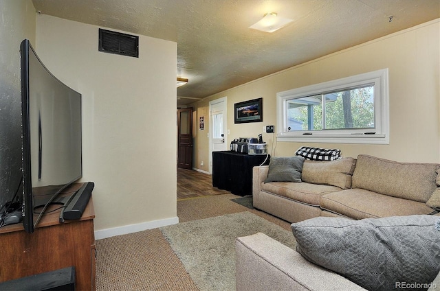 carpeted living room featuring a textured ceiling