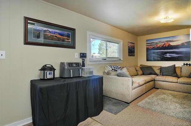 living room with hardwood / wood-style floors and a textured ceiling