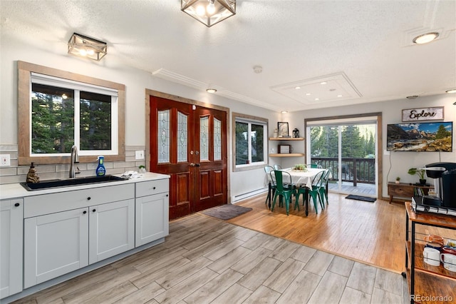 159 Lake Rd, Idaho Springs, CO 80452 - kitchen featuring a sink, a baseboard heating unit, light wood finished floors, light countertops, and a textured ceiling