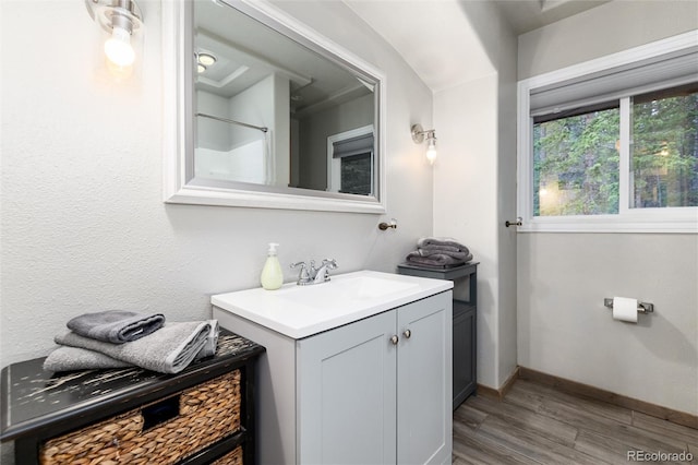 159 Lake Rd, Idaho Springs, CO 80452 - full bath featuring vanity, wood finished floors, a shower, and baseboards