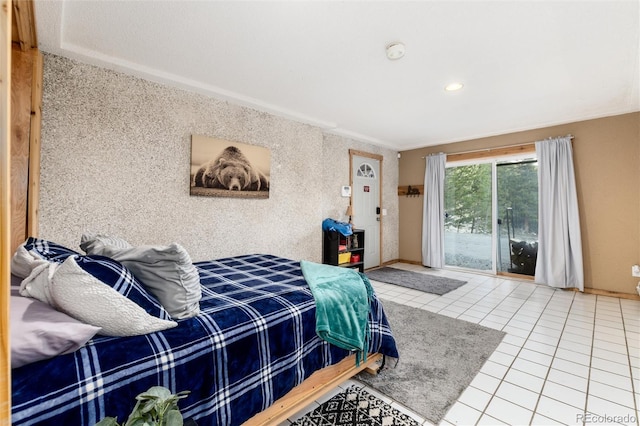 159 Lake Rd, Idaho Springs, CO 80452 - tiled bedroom featuring access to exterior, baseboards, ornamental molding, and recessed lighting