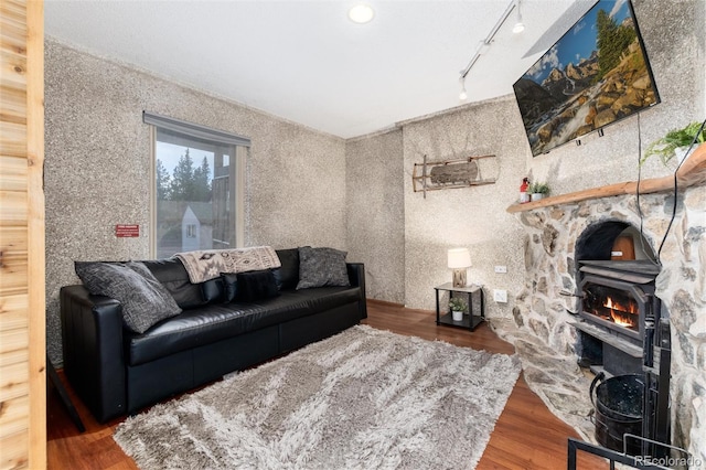 159 Lake Rd, Idaho Springs, CO 80452 - living area featuring track lighting, wood finished floors, and a wood stove