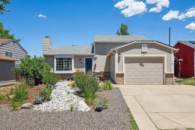 19061 E Oxford Dr, Aurora, CO 80013 - ranch-style home with driveway, an attached garage, a chimney, and brick siding