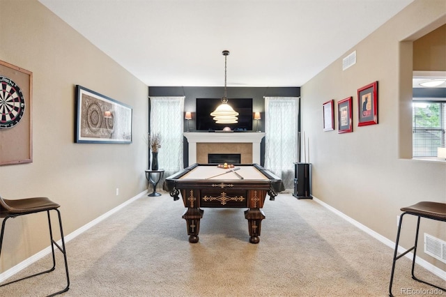 10258 Pennington Ln, Highlands Ranch, CO 80126 - recreation room with carpet flooring, a fireplace, and billiards