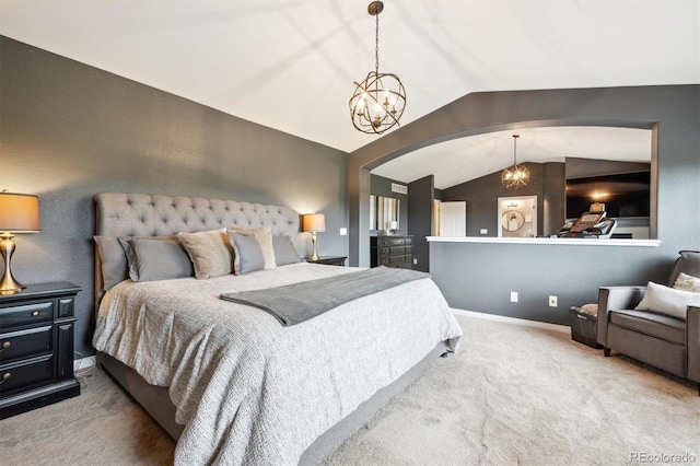 10258 Pennington Ln, Highlands Ranch, CO 80126 - carpeted bedroom featuring lofted ceiling, a chandelier, and arched walkways