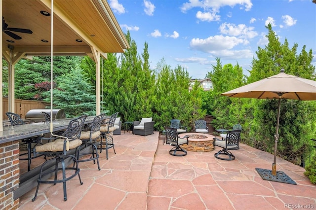 10258 Pennington Ln, Highlands Ranch, CO 80126 - view of patio featuring an outdoor fire pit, an outdoor bar, exterior kitchen, and view of scattered trees