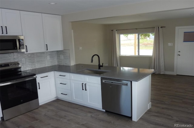 3575 W 9th Ave, Denver, CO 80204 - kitchen featuring stainless steel appliances, a peninsula, dark wood-style floors, tasteful backsplash, and recessed lighting
