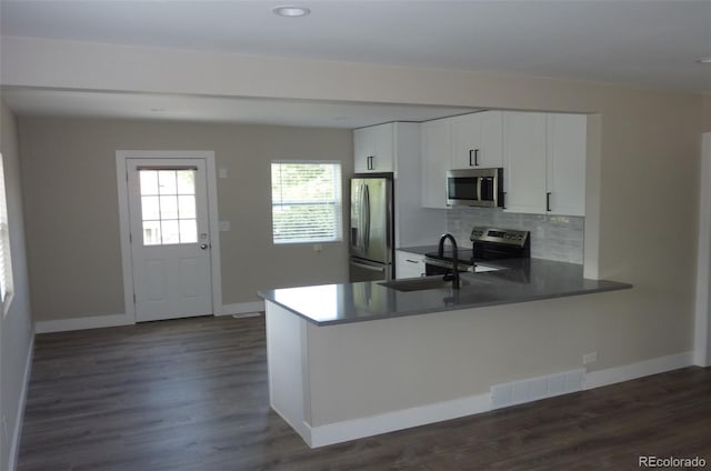 3575 W 9th Ave, Denver, CO 80204 - kitchen featuring appliances with stainless steel finishes, backsplash, white cabinets, a peninsula, and dark wood-style flooring
