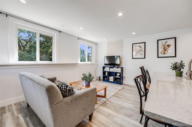 living room featuring a wealth of natural light and light wood-type flooring