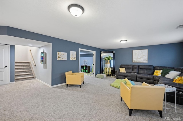 10649 Mt Emerald Dr, Peyton, CO 80831 - living room with carpet, stairway, and baseboards