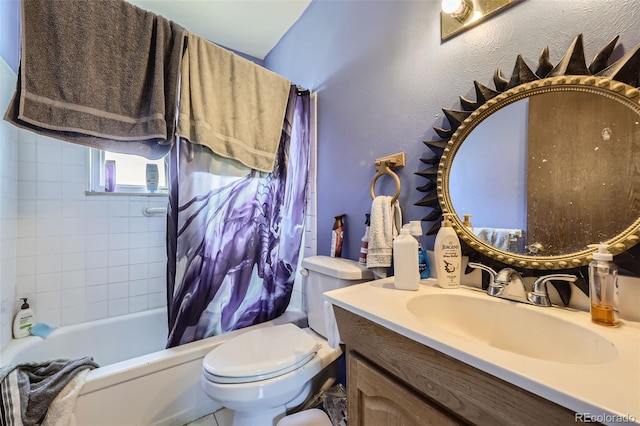 bathroom with shower / bath combination with curtain, vanity, and toilet