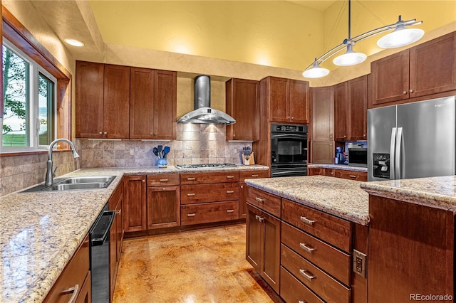 17595 Black Forest Rd, Colorado Springs, CO 80908 - kitchen with wall chimney exhaust hood, black appliances, decorative backsplash, decorative light fixtures, and a towering ceiling
