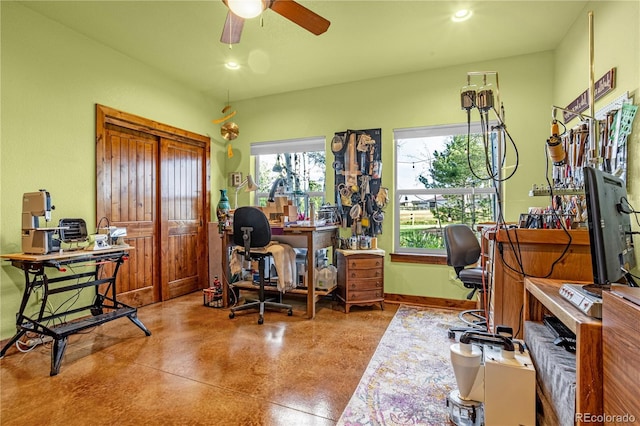 17595 Black Forest Rd, Colorado Springs, CO 80908 - home office featuring concrete flooring, ceiling fan, and recessed lighting