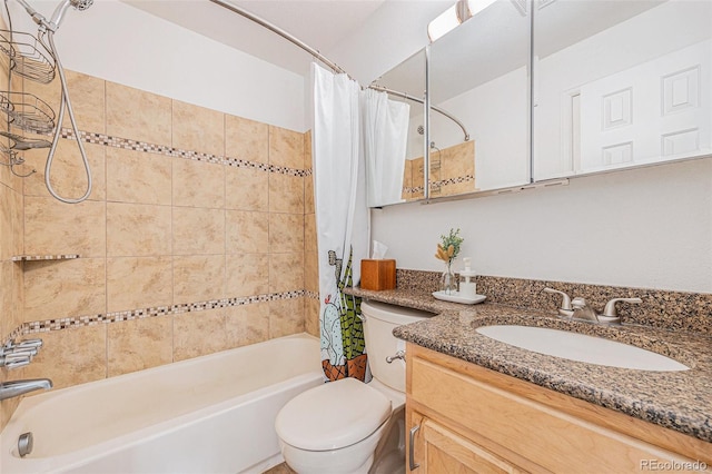 full bath featuring shower / tub combo, vanity, and toilet