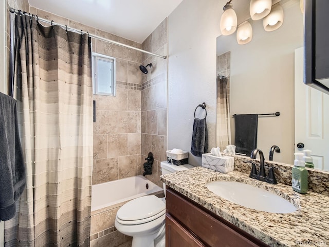 full bathroom with toilet, shower / tub combo, and vanity