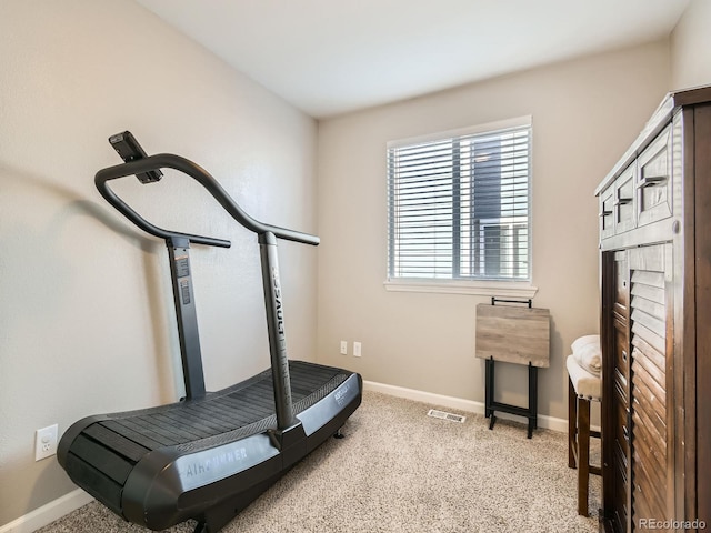 exercise room featuring light colored carpet