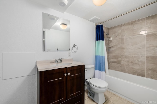 bathroom featuring tile patterned floors, shower / tub combo, toilet, and vanity