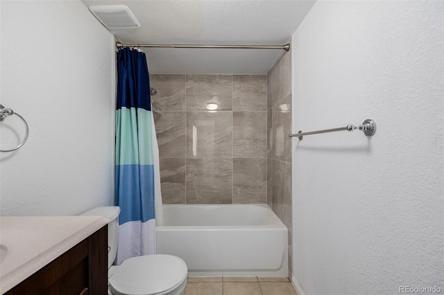 bathroom with tile patterned flooring, visible vents, toilet, shower / tub combo, and vanity