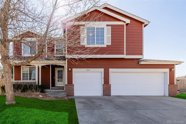 view of front of home featuring brick siding, a porch, concrete driveway, and a garage