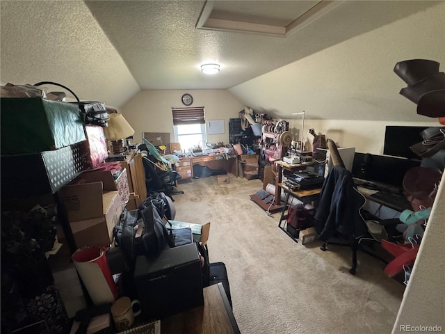 2874 Rose Hill St, Strasburg, CO 80136 - additional living space featuring carpet flooring, vaulted ceiling, a textured ceiling, and attic access