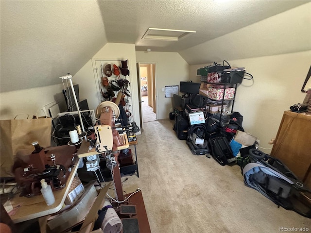 2874 Rose Hill St, Strasburg, CO 80136 - additional living space with vaulted ceiling, carpet floors, a textured ceiling, and attic access