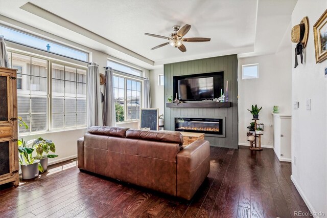 living room with a tray ceiling, dark wood-type flooring, and a large fireplace