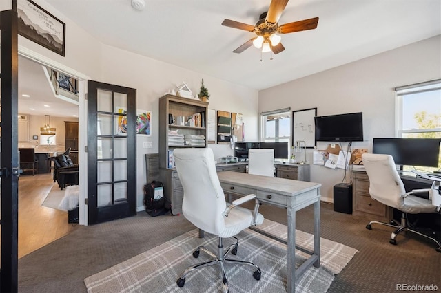 14953 Akron Ct, Brighton, CO 80602 - carpeted office featuring french doors, healthy amount of natural light, and a ceiling fan
