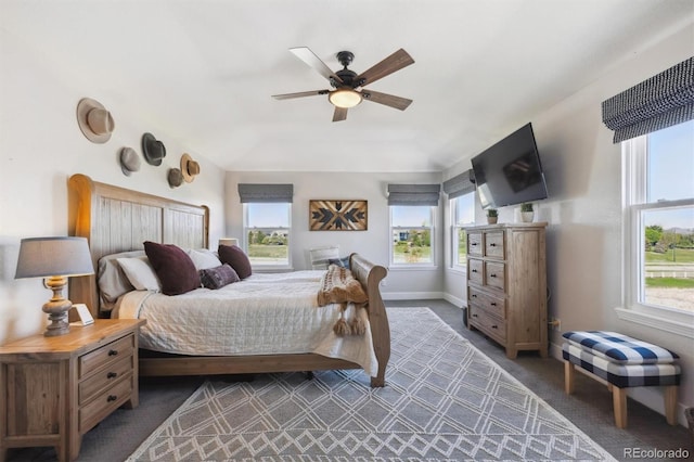 14953 Akron Ct, Brighton, CO 80602 - bedroom with dark carpet, baseboards, and ceiling fan