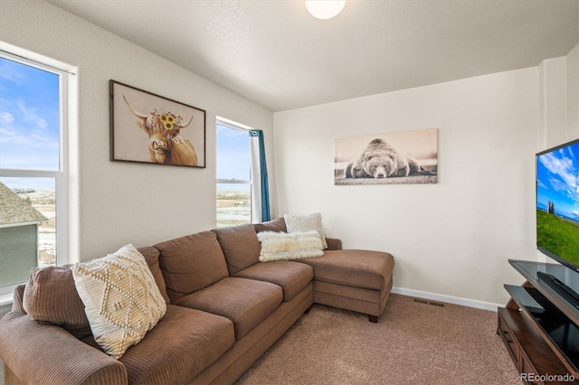 living room with plenty of natural light and carpet flooring