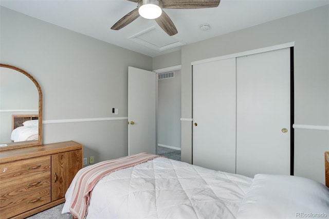 20626 Willowbend Ln, Parker, CO 80138 - bedroom featuring a closet, a ceiling fan, visible vents, attic access, and carpet flooring