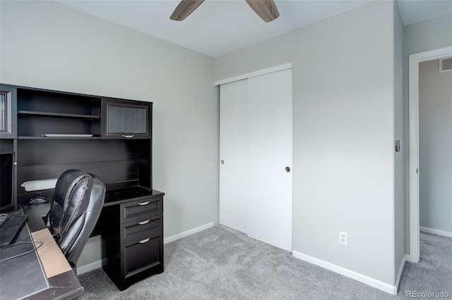 20626 Willowbend Ln, Parker, CO 80138 - office featuring light colored carpet, a ceiling fan, baseboards, and visible vents