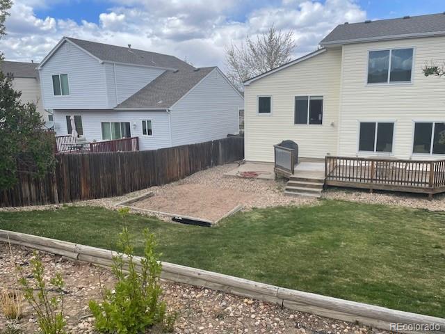 20626 Willowbend Ln, Parker, CO 80138 - back of house featuring a lawn, a fenced backyard, and a wooden deck