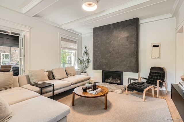 785 Fillmore St, Denver, CO 80206 - living area featuring light wood-style flooring, a fireplace, beamed ceiling, and crown molding