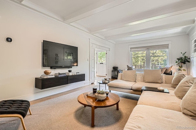 785 Fillmore St, Denver, CO 80206 - living room featuring beamed ceiling, baseboards, and plenty of natural light