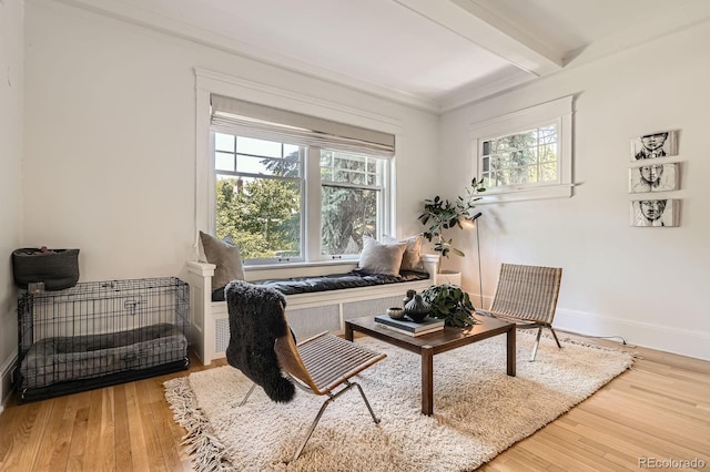 785 Fillmore St, Denver, CO 80206 - sitting room featuring plenty of natural light, beamed ceiling, wood-type flooring, baseboards, and ornamental molding