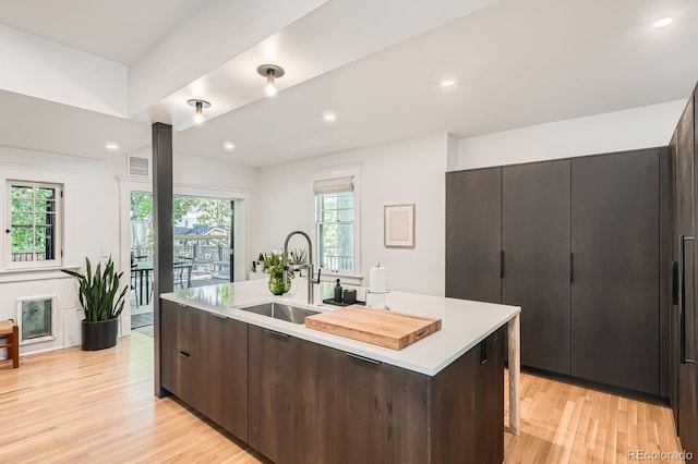 785 Fillmore St, Denver, CO 80206 - kitchen with a sink, an island with sink, light countertops, light wood-type flooring, and dark brown cabinets